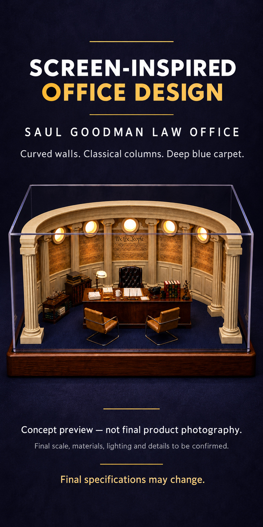 Screen-inspired Saul Goodman office design preview with curved wall, classical columns and dark blue floor