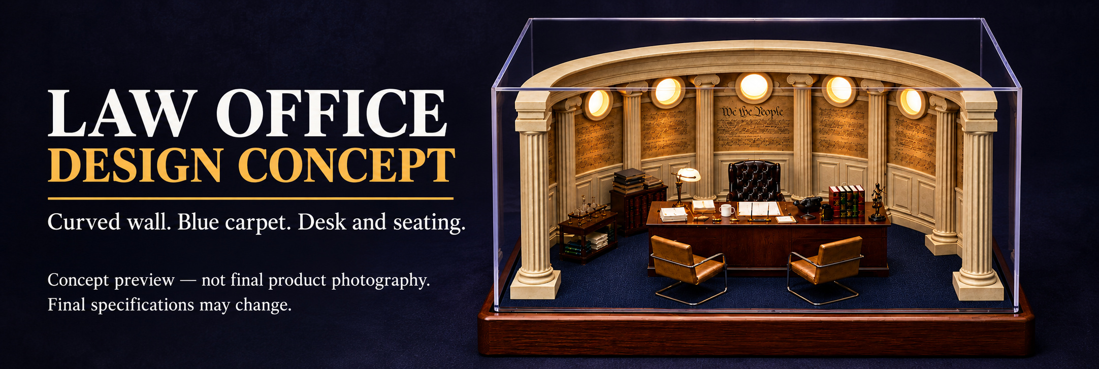 Wide law office concept banner with curved wall, desk and seating, not final product photography