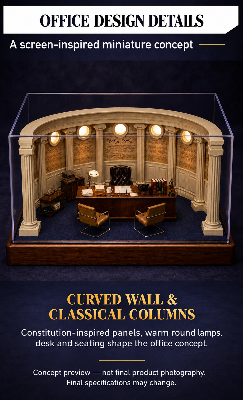 Office concept details showing the curved classical wall and columns around the desk and seating