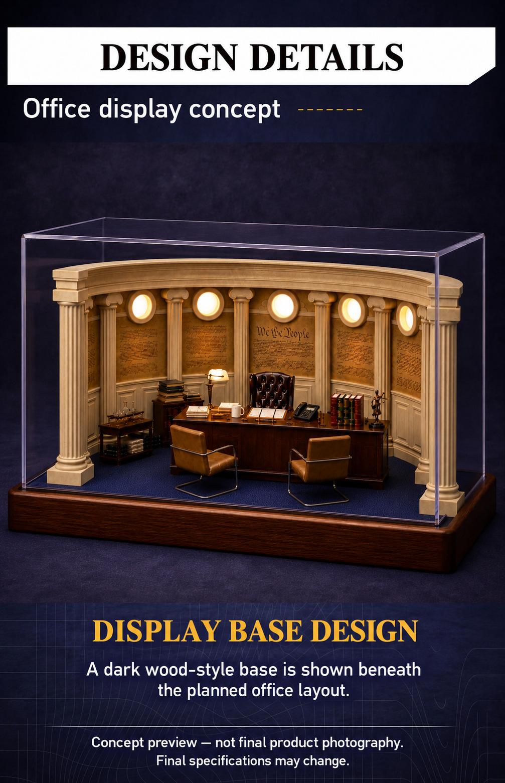 Concept preview of the office layout on a proposed wood-style display base