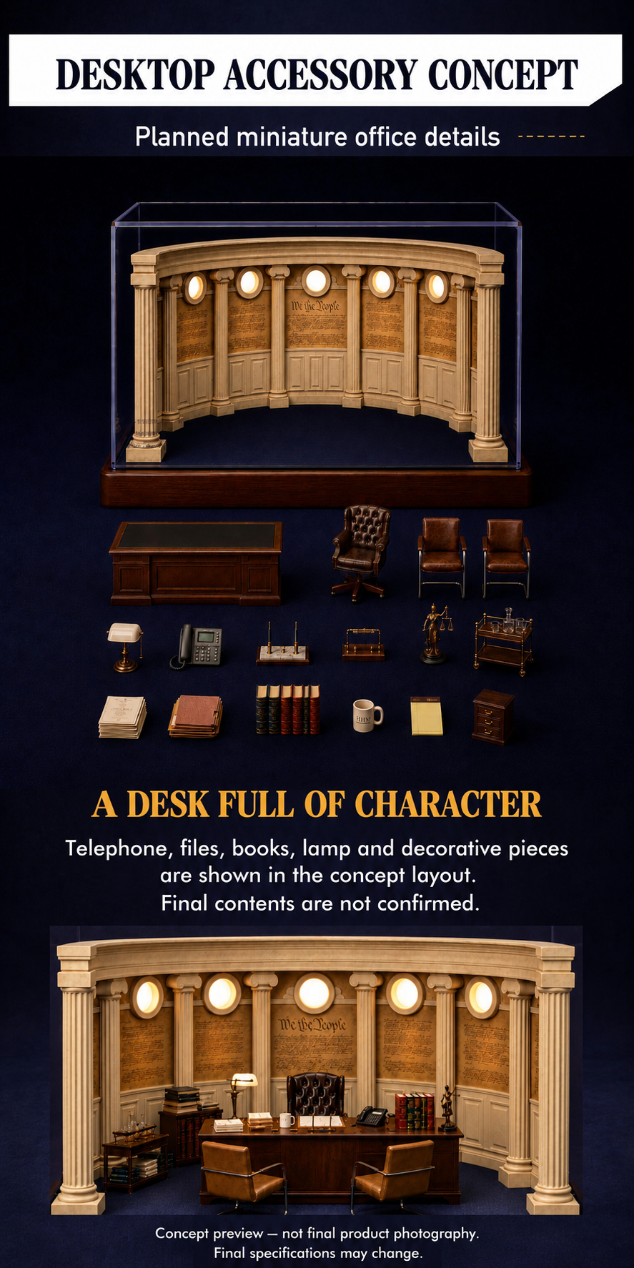 Office desktop accessory concept layout with telephone, files, books, lamp and decorative pieces; final contents unconfirmed