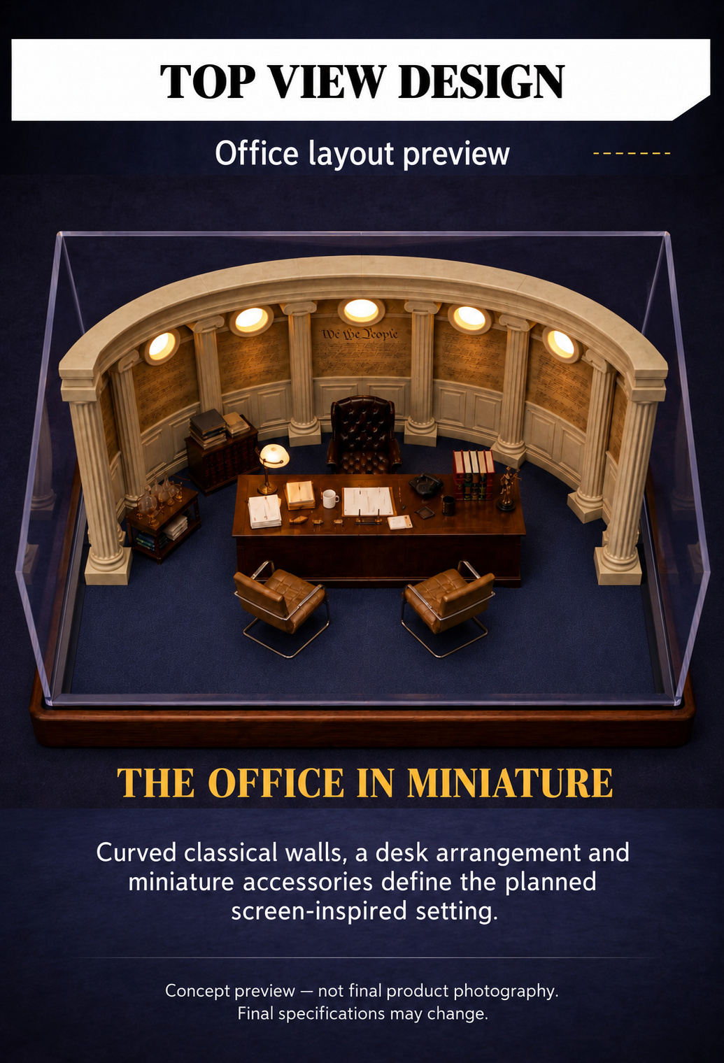 Top view office design preview showing desk, seating, miniature decor and dark blue floor