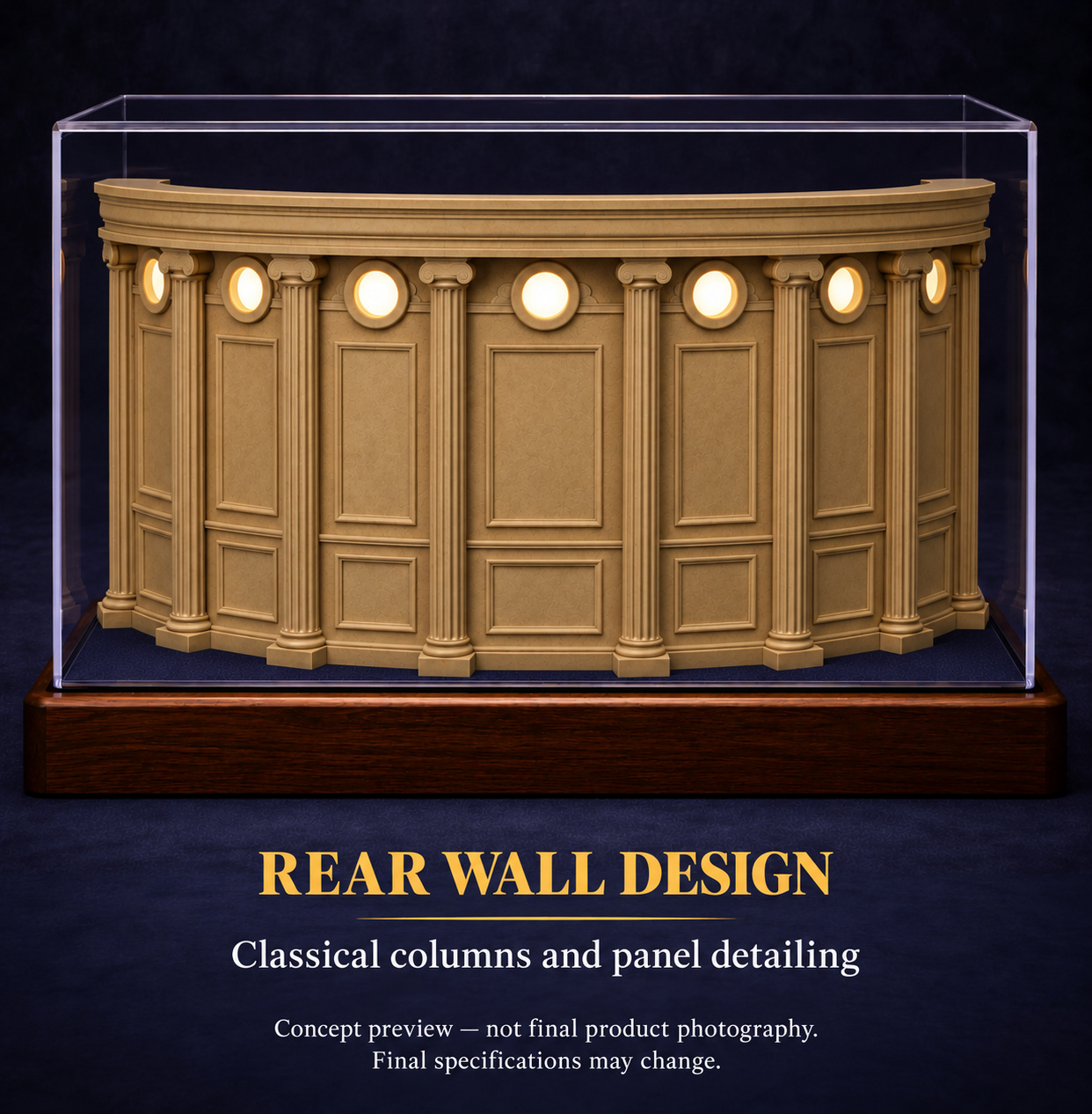 Rear wall concept view showing classical columns and panel detailing around the curved office exterior