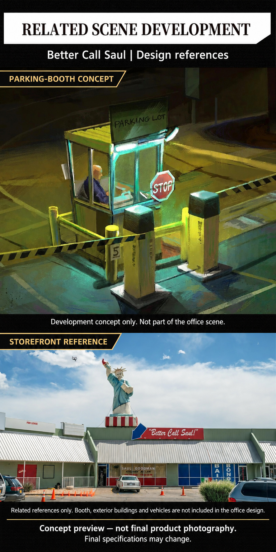 Related development references showing a separate parking booth concept and strip-mall storefront, excluded from this office design