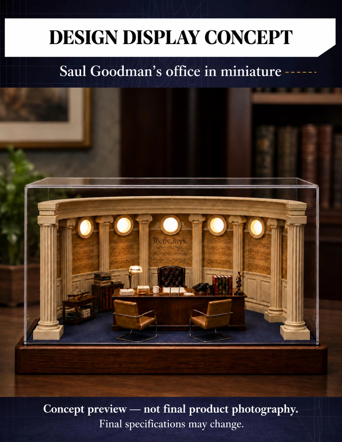 Office design display concept shown in a styled room setting, not a completed physical product
