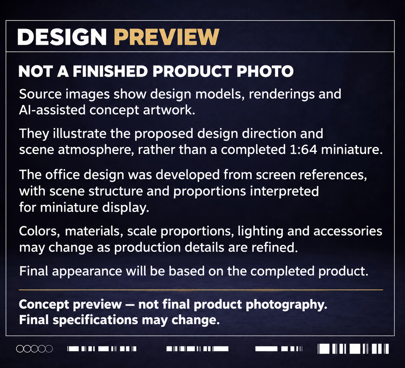 Concept provenance notice describing design models, renderings and AI-assisted artwork rather than final product photos