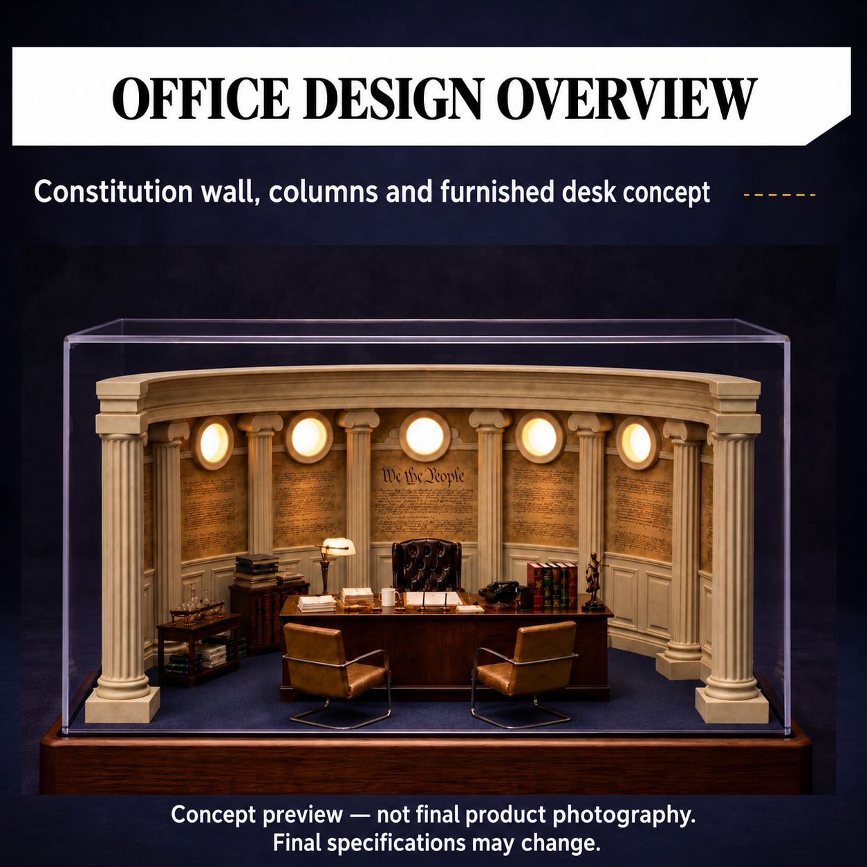 Office design overview with Constitution wall, classical columns and furnished desk concept