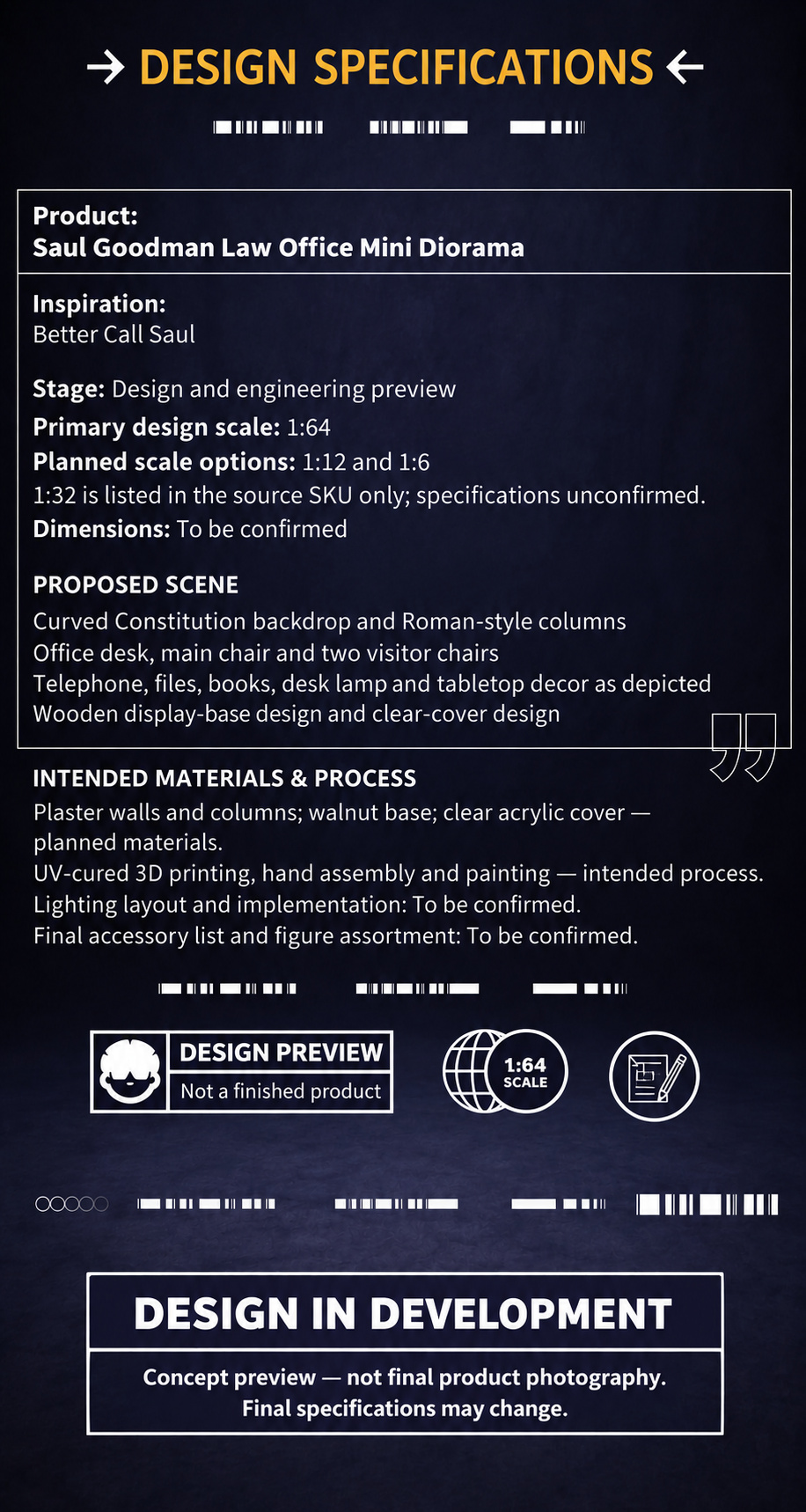 Design-stage specifications card stating intended scale directions and unconfirmed dimensions, materials and implementation