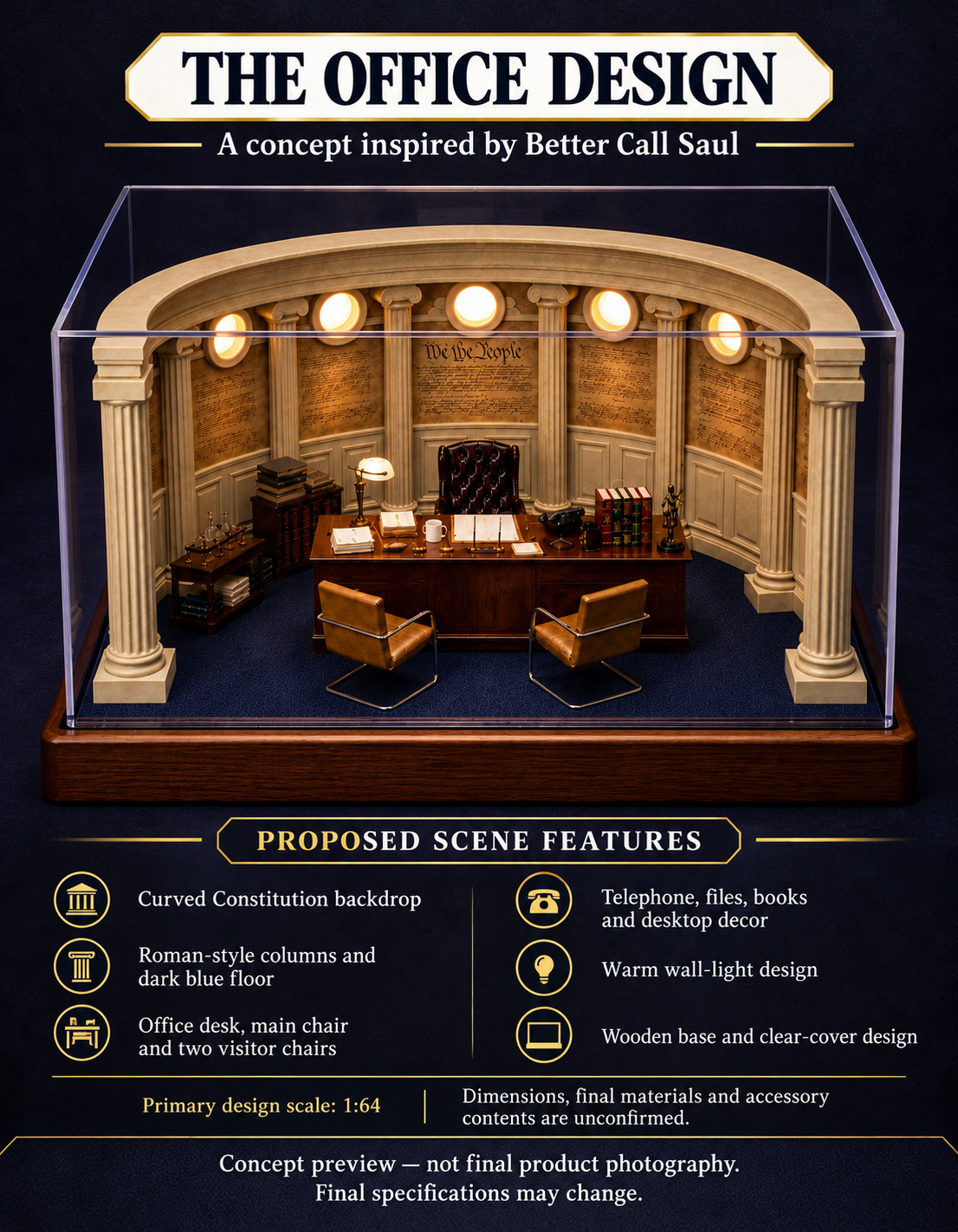 Proposed office design features card showing curved wall, columns, desk furnishings and warm wall-light design