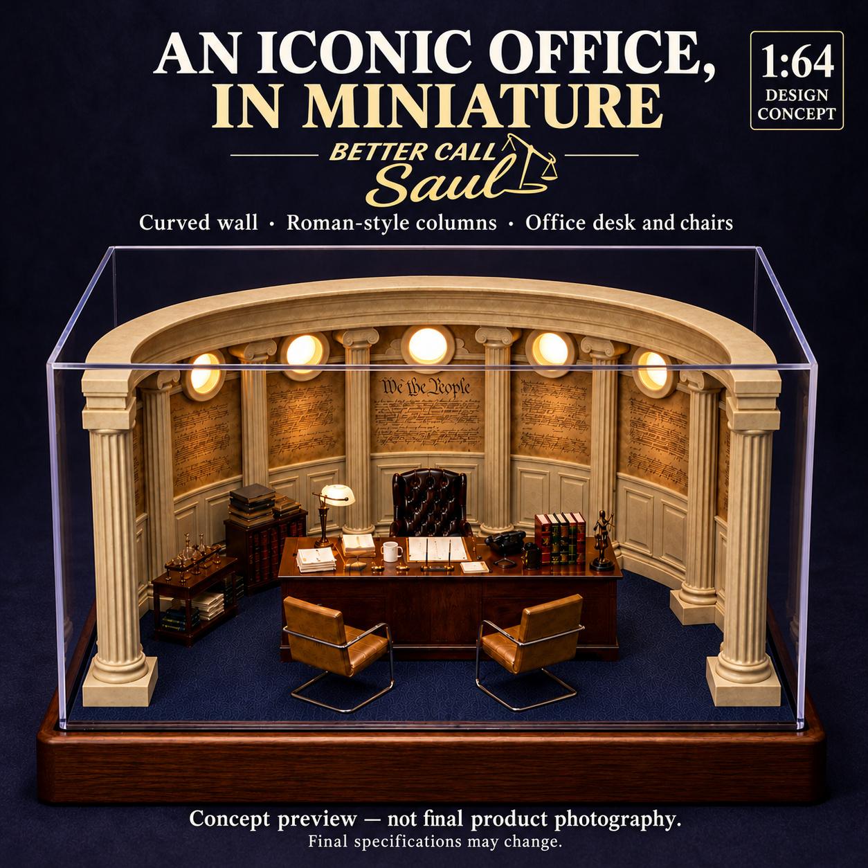 Front office design preview showing classical columns, a desk and seating within a proposed clear enclosure