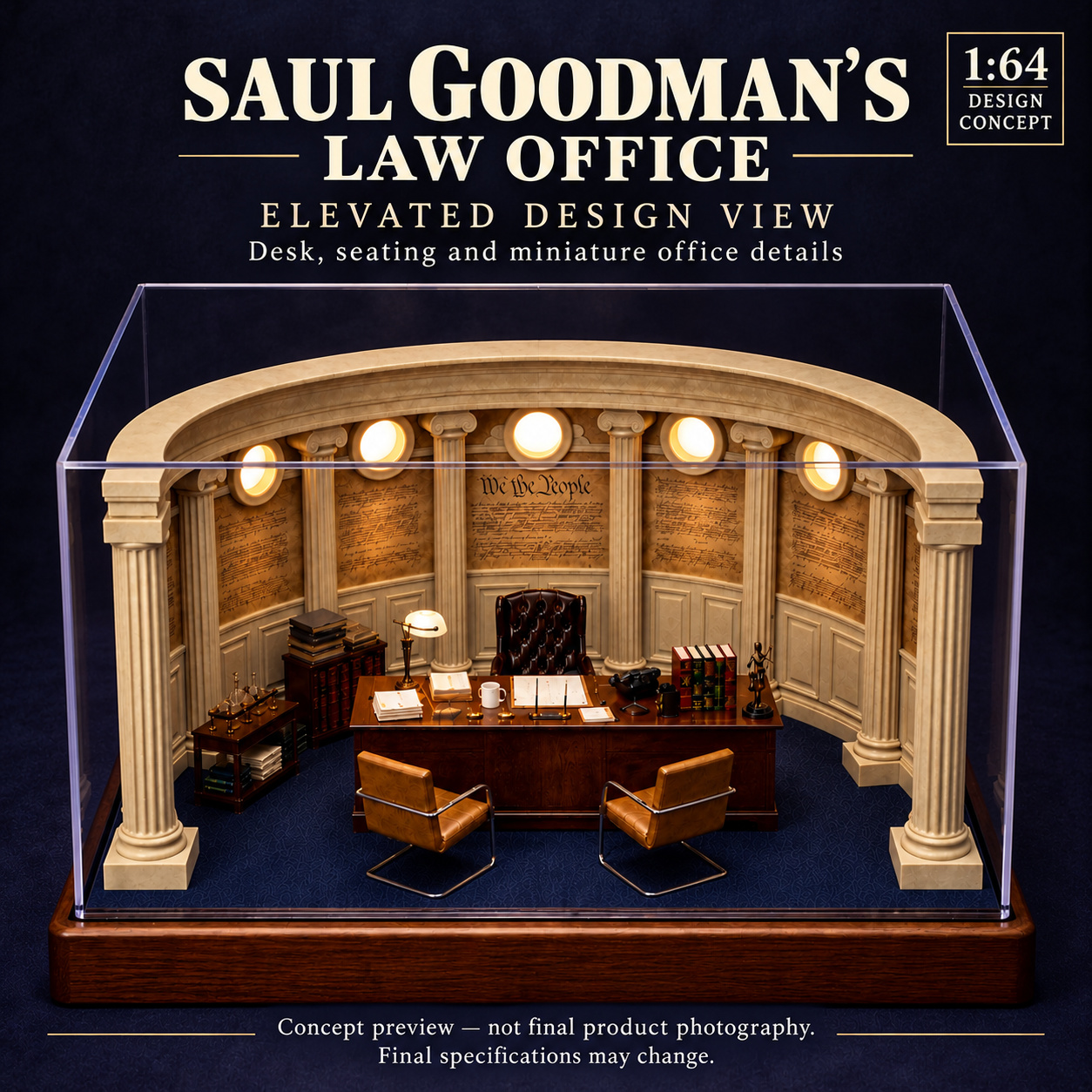 Elevated Saul Goodman office concept view showing desk arrangement, chairs and curved wall