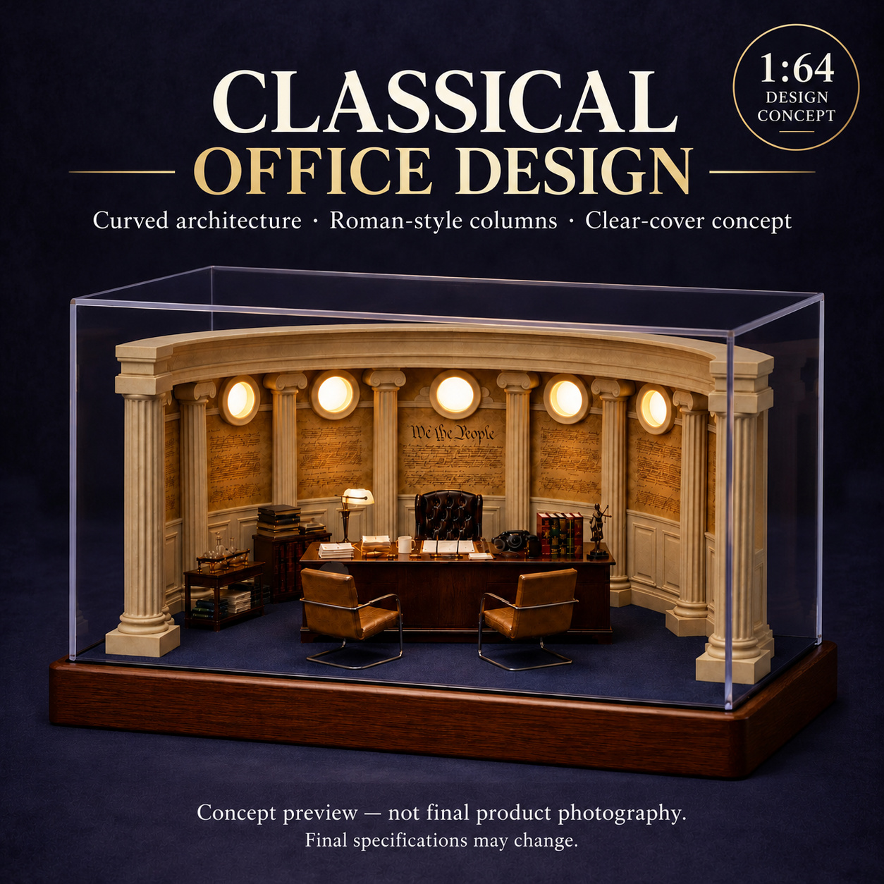Angled classical law office concept preview with a curved facade and dark blue floor