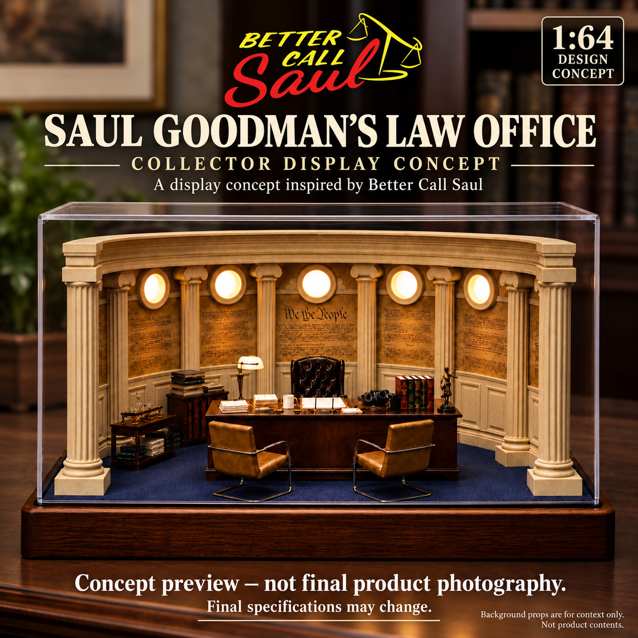 Saul Goodman office design concept shown against a styled room background, not final product photography