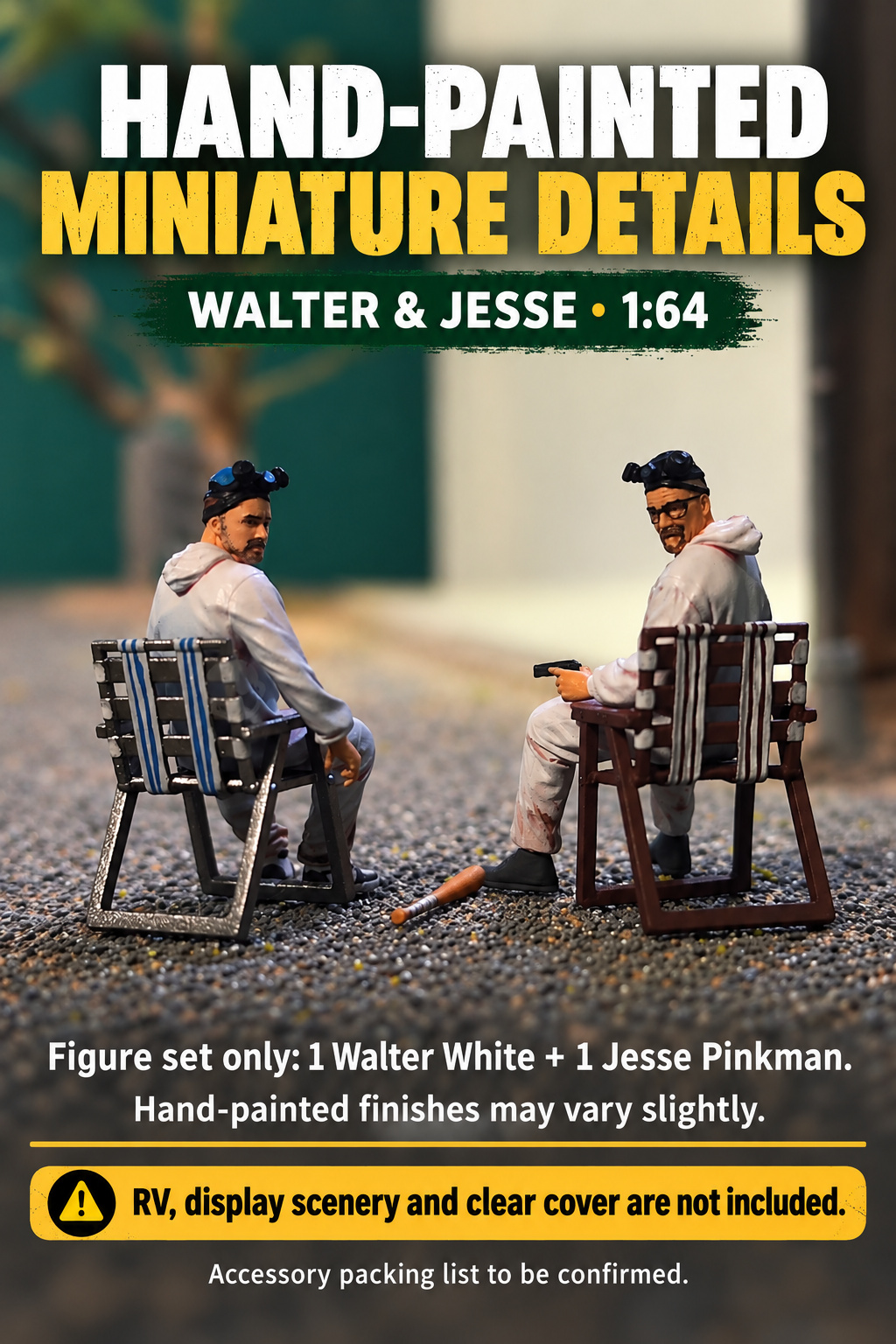 Hand-painted miniature character details on the two seated Walter and Jesse figures, with figure-only contents and scene exclusions