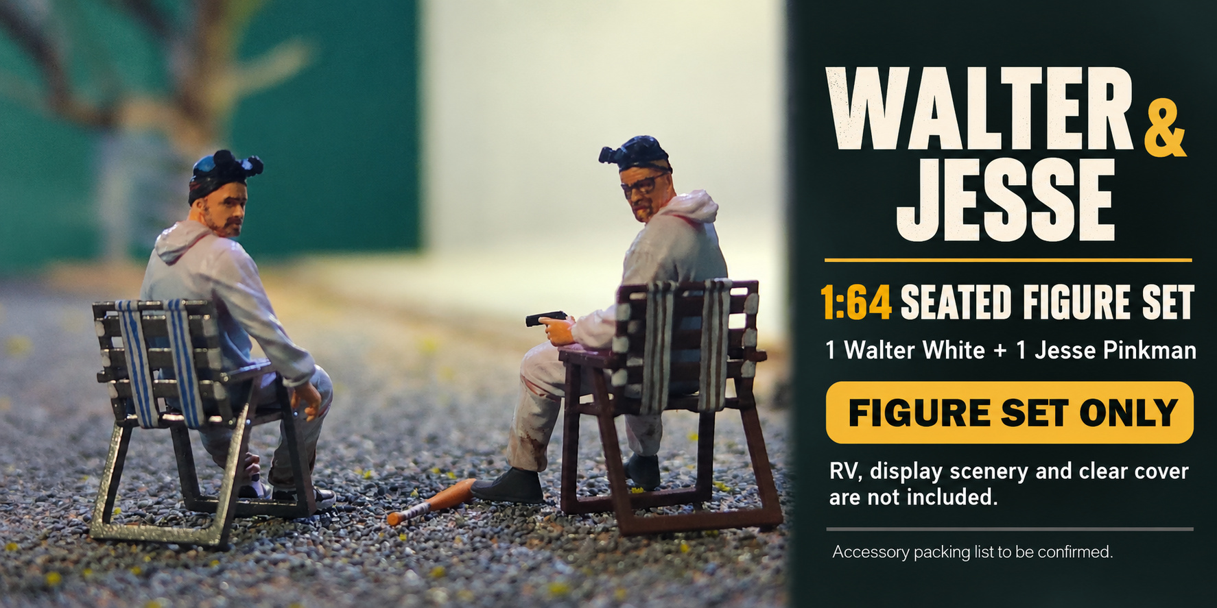 Walter and Jesse 1:64 seated figure set overview, excluding the RV, display scenery and clear cover