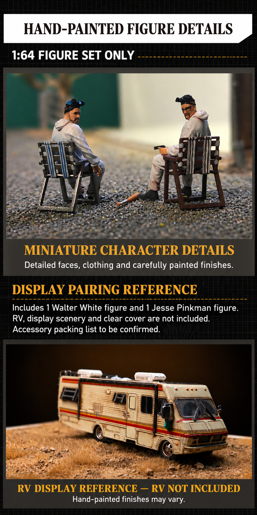 Hand-painted figure details and a separate RV display pairing reference; the RV is not included