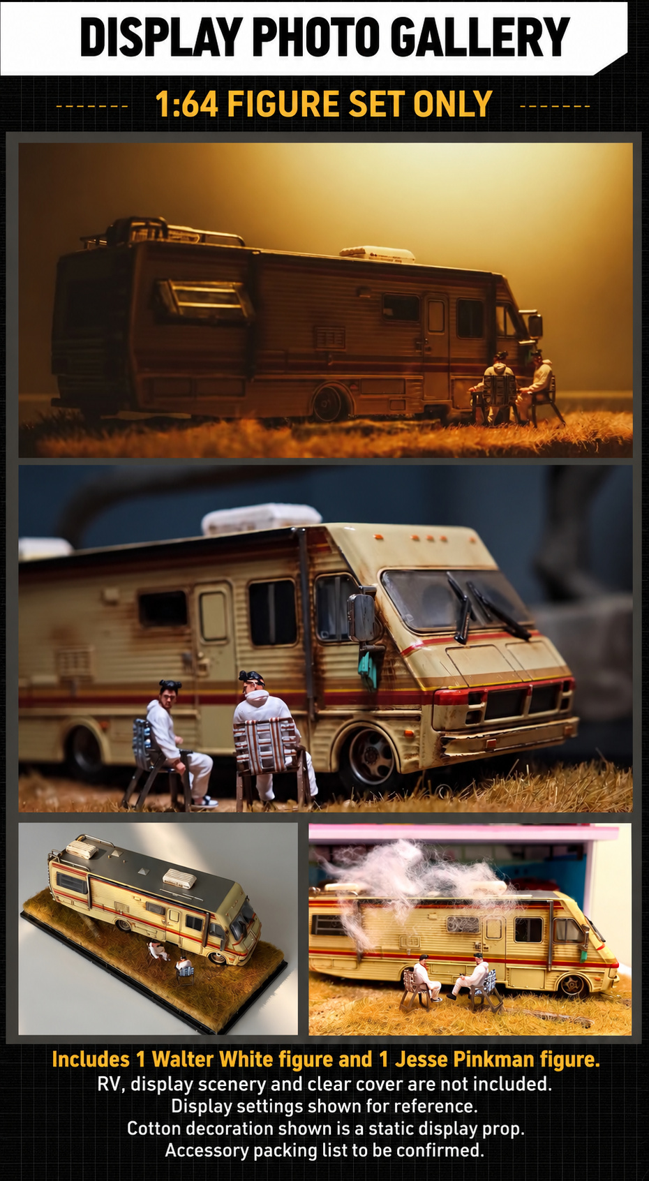 Display reference photo gallery showing the figure pair with excluded RV, scenery and clear cover; cotton is a static display prop