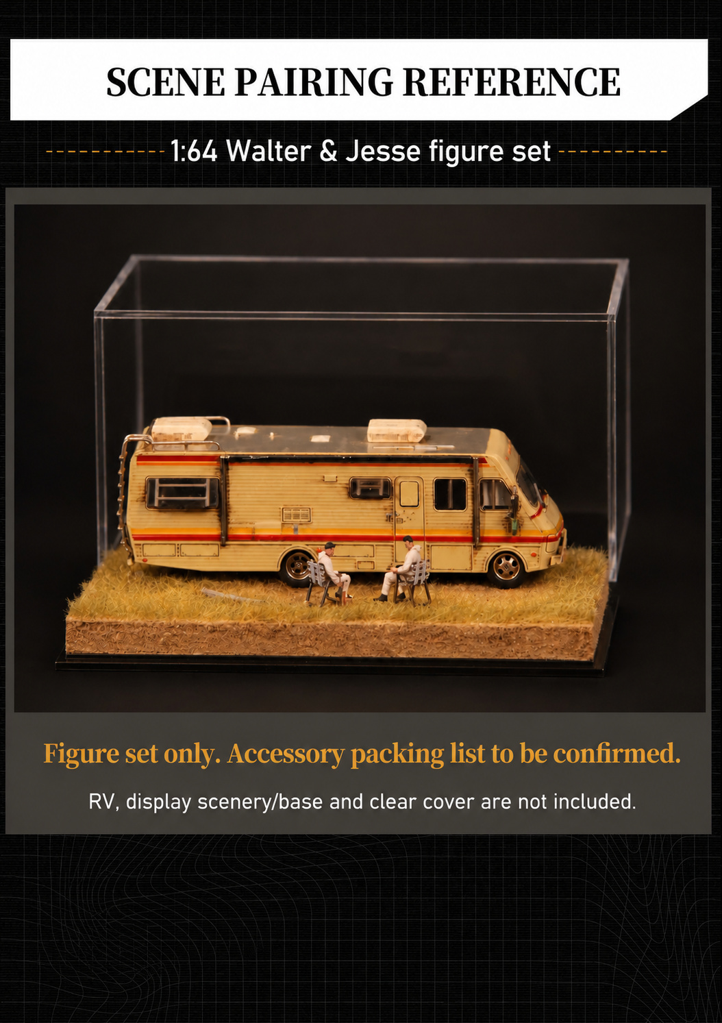 Scene pairing reference showing seated Walter and Jesse figures with an excluded RV, scenic base and clear display cover