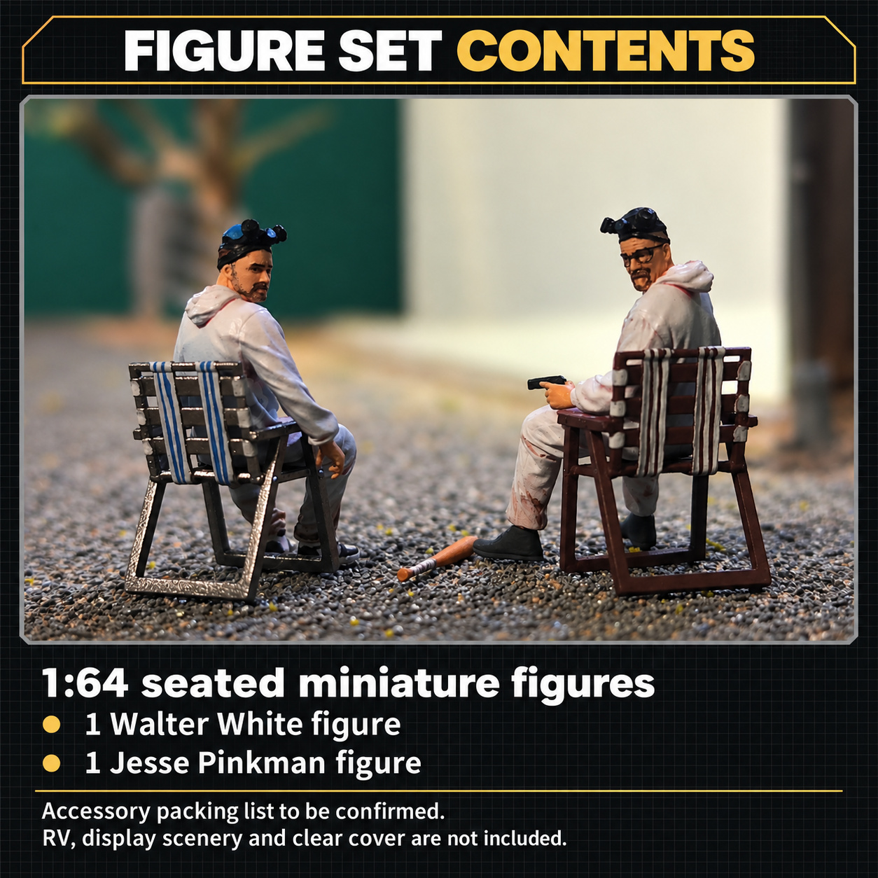 Figure set contents showing one Walter White miniature and one Jesse Pinkman miniature; accessory packing list remains unconfirmed