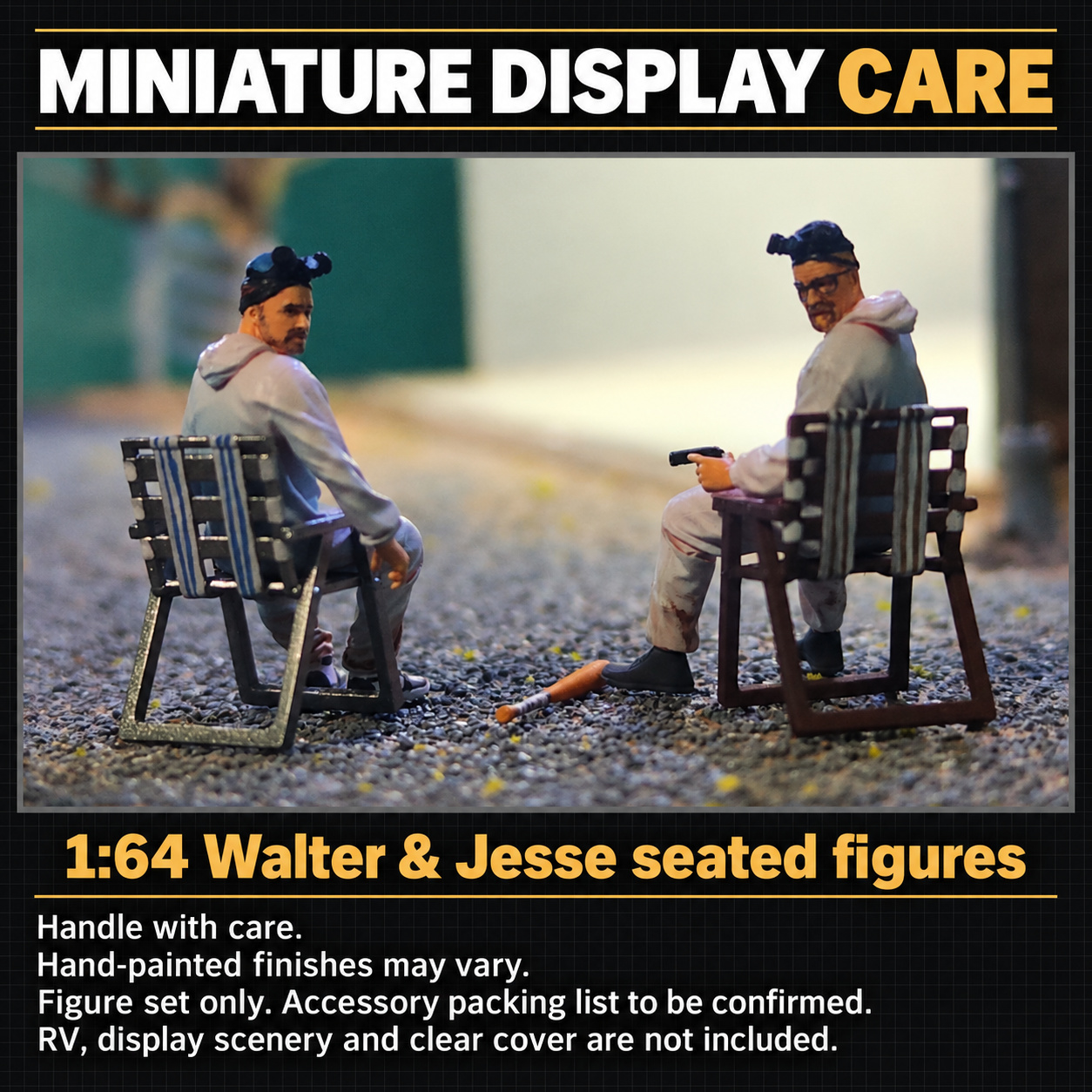 Miniature display care card showing the two seated figures and noting that hand-painted finishes may vary