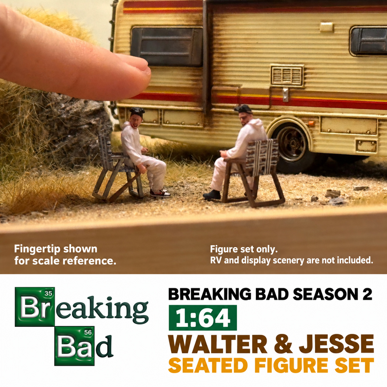 Two seated Walter and Jesse miniatures beside a fingertip for scale reference; RV and display scenery are not included