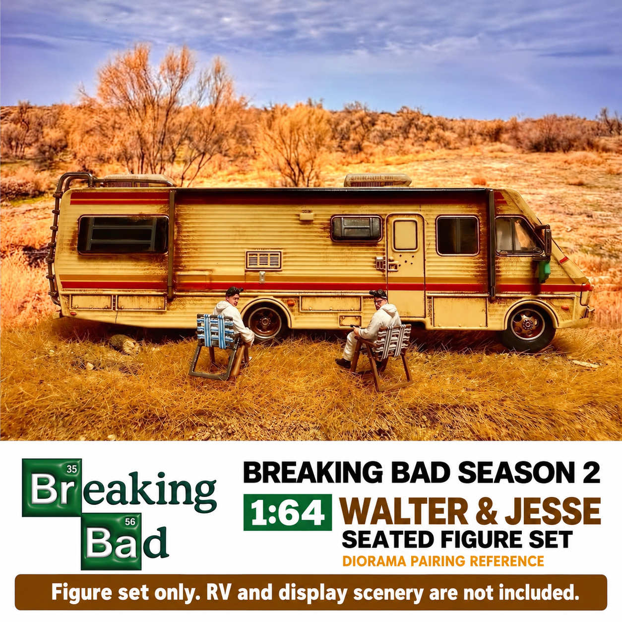 Walter and Jesse seated figures displayed beside an RV in a desert scene for pairing reference; RV and scenery are not included