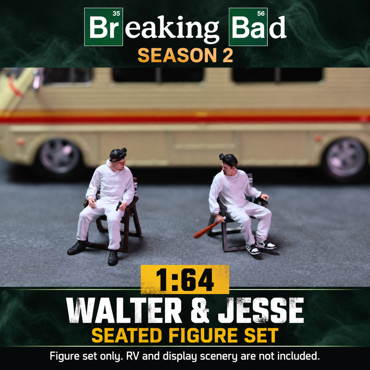 Front view of Walter White and Jesse Pinkman seated miniature figures against an excluded RV background